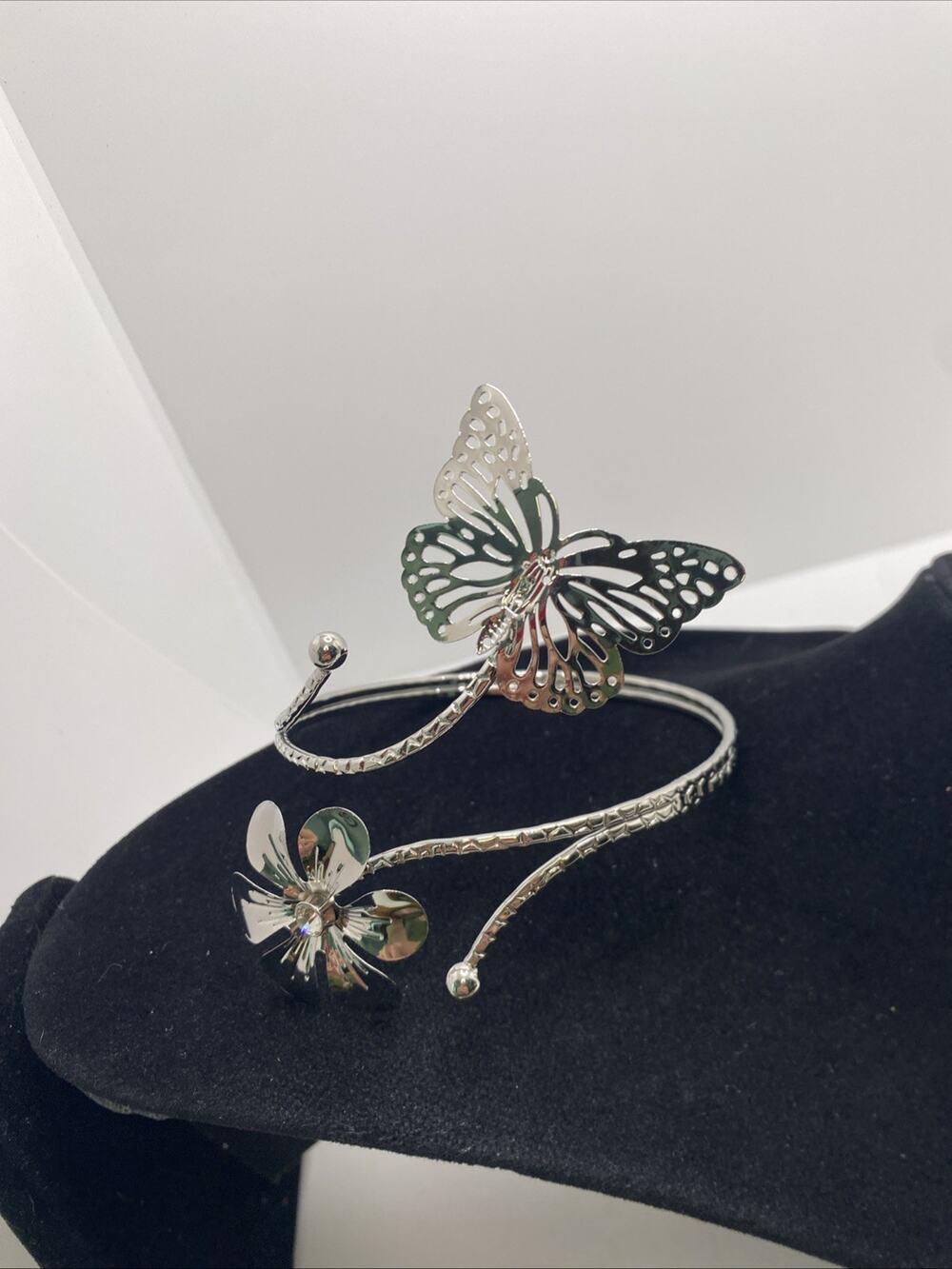 Womens Flower Butterfly Cuff Bangle Silver Bracelet